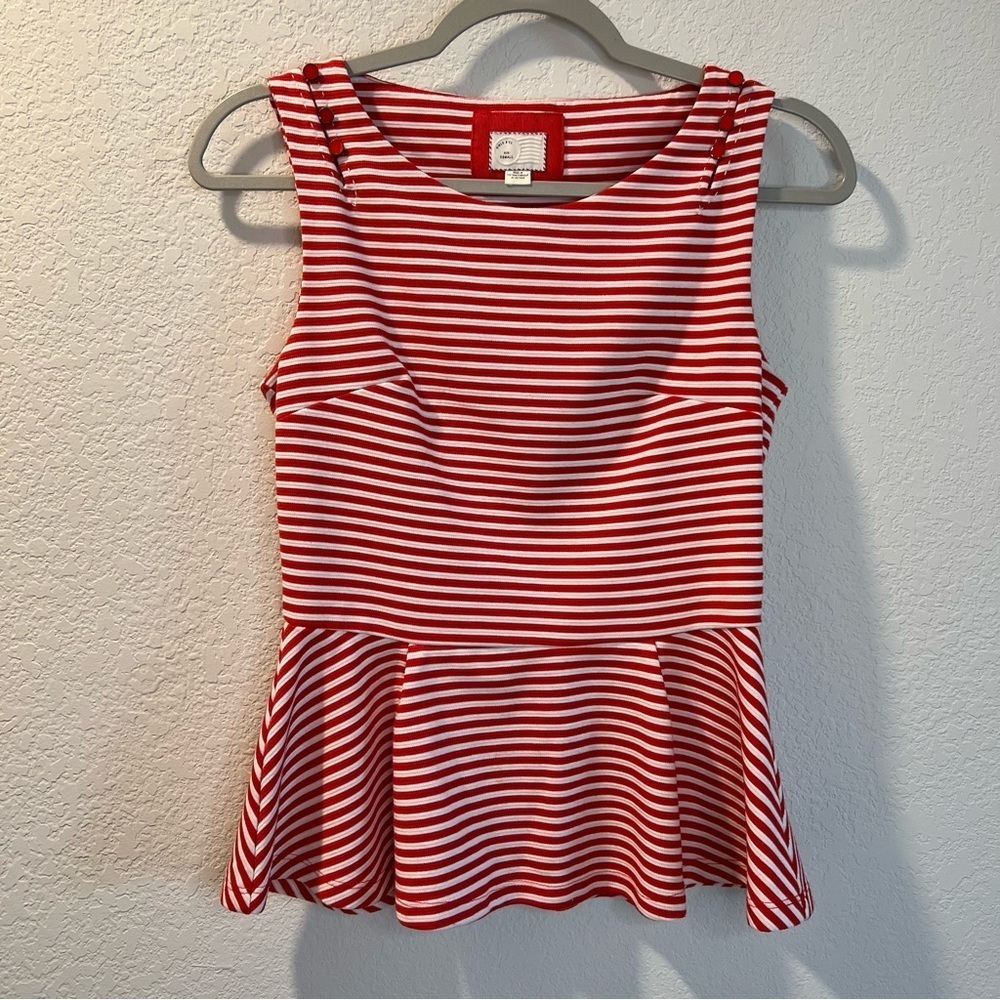 Women’s Postmark Anthropologie Antonia red striped sleeveless peplum blouse XS